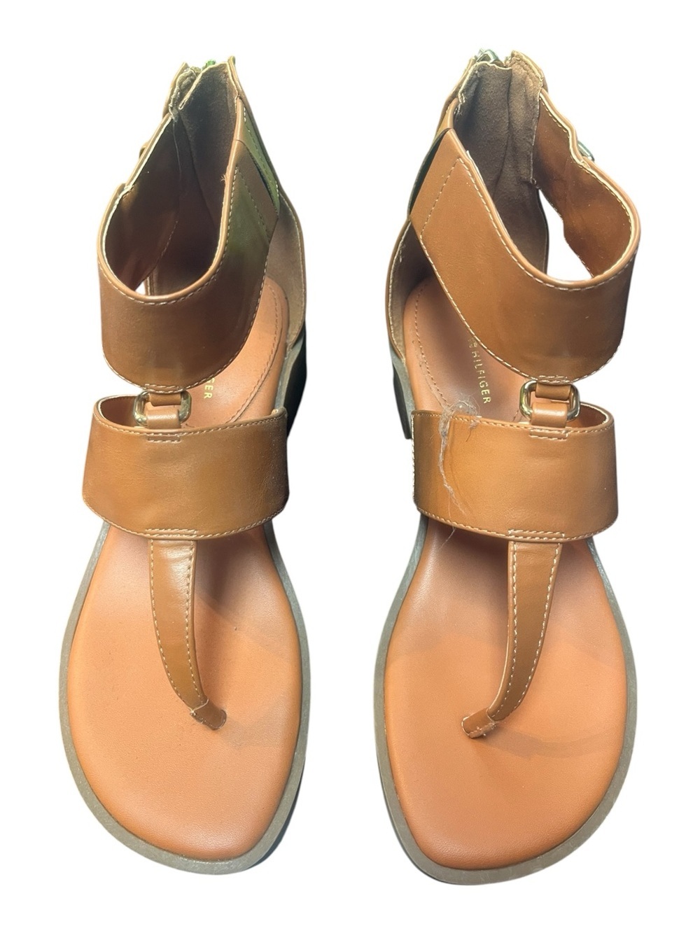 Sz 7 Tommy Hilfiger Tan Leather Block Heel Sandals - Picture 2 of 9